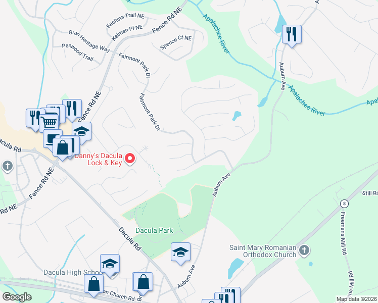 map of restaurants, bars, coffee shops, grocery stores, and more near 2688 Leon Murphy Drive in Dacula