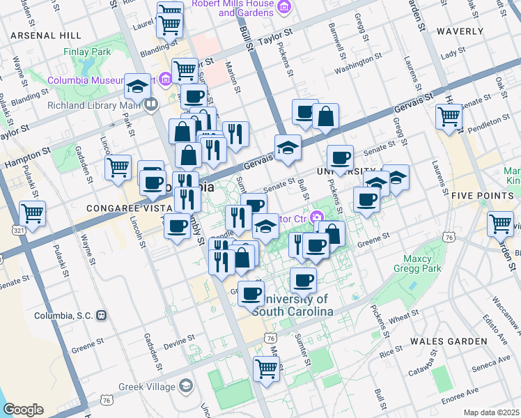 map of restaurants, bars, coffee shops, grocery stores, and more near 1012 Sumter Street in Columbia