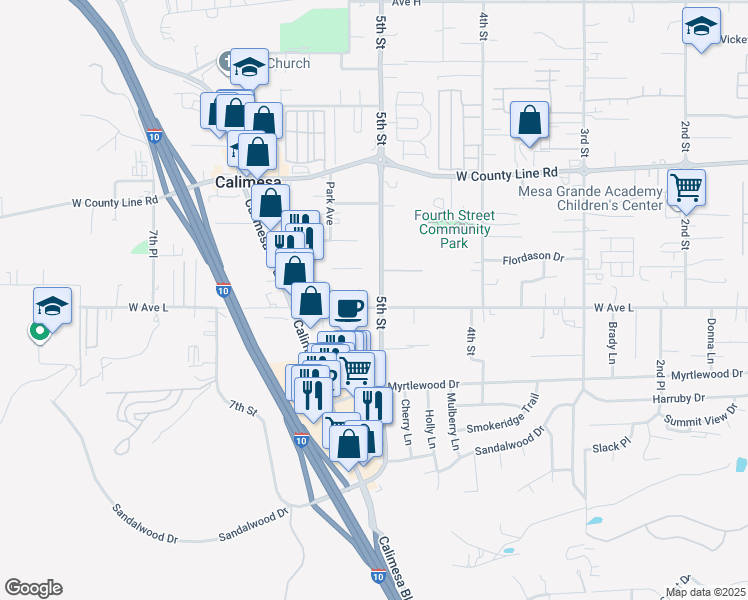 map of restaurants, bars, coffee shops, grocery stores, and more near 515 West Avenue L in Calimesa