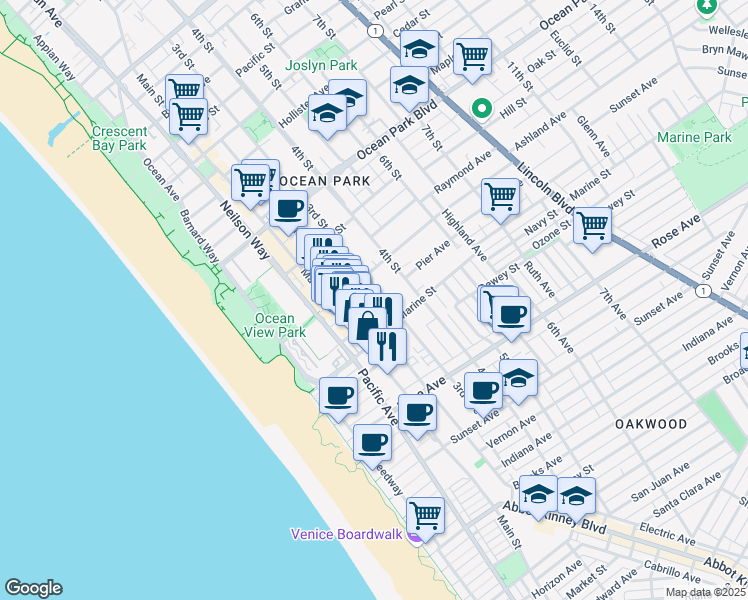 map of restaurants, bars, coffee shops, grocery stores, and more near 3002 3rd Street in Santa Monica