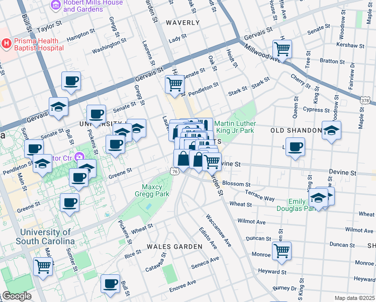 map of restaurants, bars, coffee shops, grocery stores, and more near 709 Saluda Avenue in Columbia