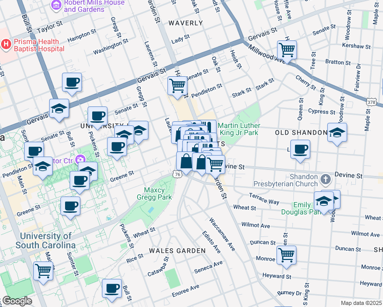 map of restaurants, bars, coffee shops, grocery stores, and more near 709 Saluda Avenue in Columbia