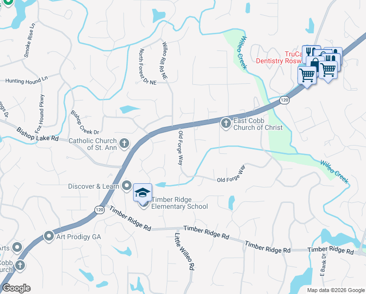 map of restaurants, bars, coffee shops, grocery stores, and more near 2092 Old Forge Way in Marietta