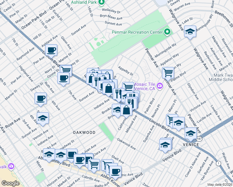 map of restaurants, bars, coffee shops, grocery stores, and more near 918 Indiana Avenue in Los Angeles