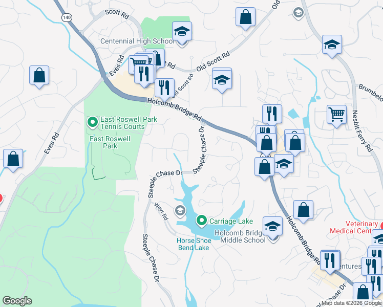 map of restaurants, bars, coffee shops, grocery stores, and more near 9190 Twelvestones Drive in Roswell