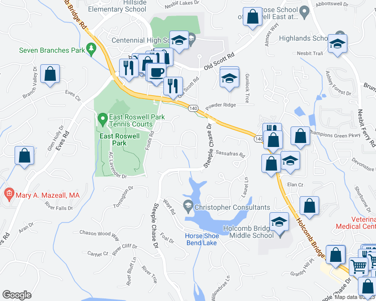 map of restaurants, bars, coffee shops, grocery stores, and more near 2355 Twelvestones Drive in Roswell
