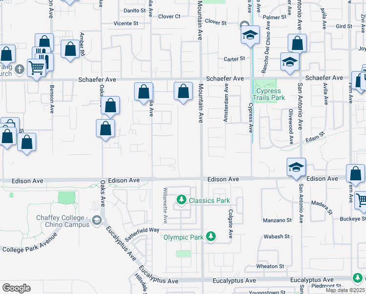 map of restaurants, bars, coffee shops, grocery stores, and more near 13980 Mountain Avenue in Chino