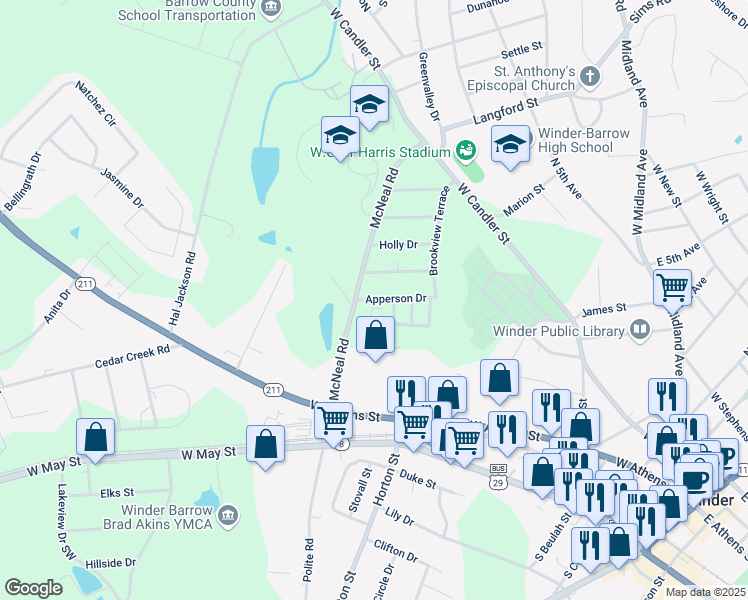 map of restaurants, bars, coffee shops, grocery stores, and more near 284 Apperson Drive in Winder