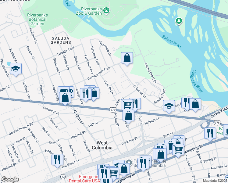 map of restaurants, bars, coffee shops, grocery stores, and more near 1035 Comanchee Trail in West Columbia