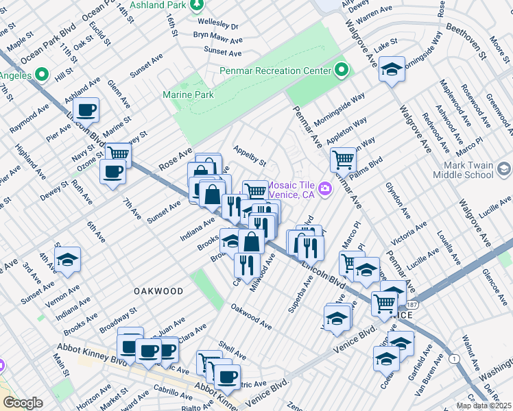 map of restaurants, bars, coffee shops, grocery stores, and more near in Los Angeles
