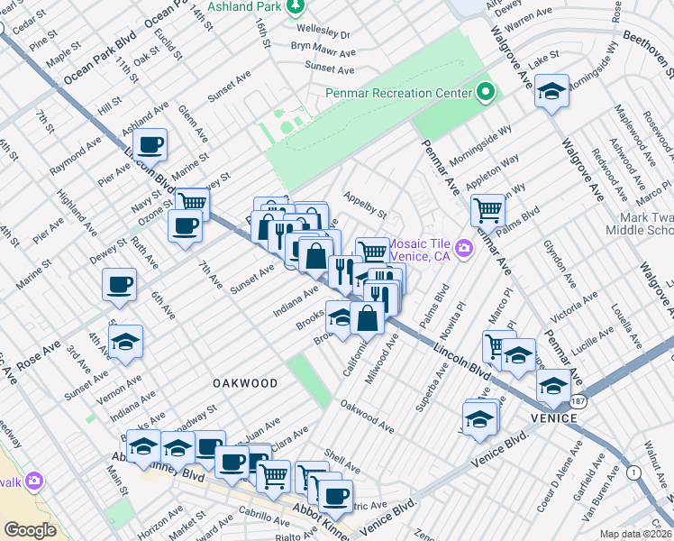 map of restaurants, bars, coffee shops, grocery stores, and more near 918 Indiana Avenue in Los Angeles