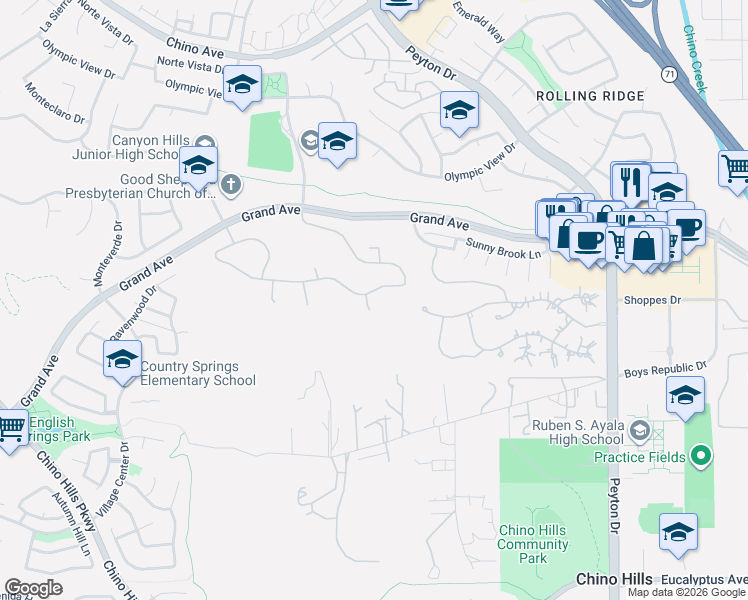 map of restaurants, bars, coffee shops, grocery stores, and more near 2825 Brookside Drive in Chino Hills