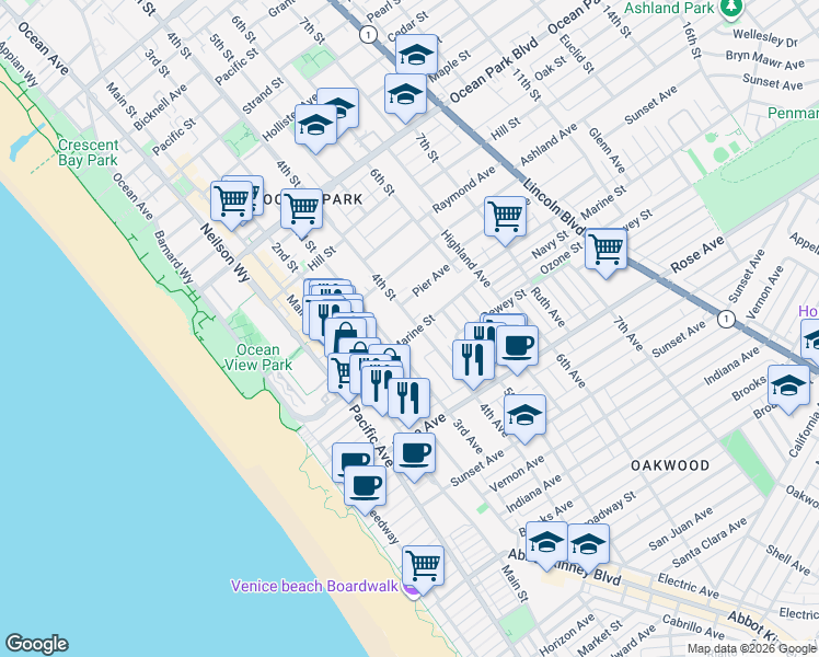 map of restaurants, bars, coffee shops, grocery stores, and more near 323 Marine Street in Santa Monica