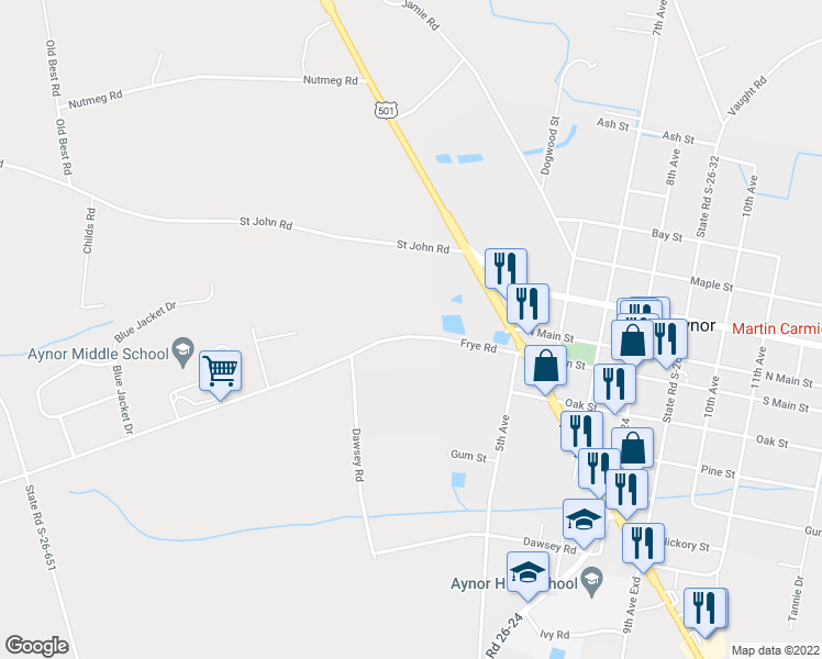 map of restaurants, bars, coffee shops, grocery stores, and more near 171-223 Frye Road in Galivants Ferry