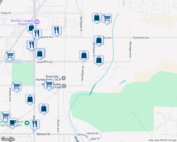 map of restaurants, bars, coffee shops, grocery stores, and more near 1280 Northgate Street in Riverside
