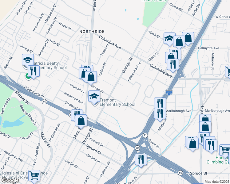 map of restaurants, bars, coffee shops, grocery stores, and more near 1594 Orange Street in Riverside