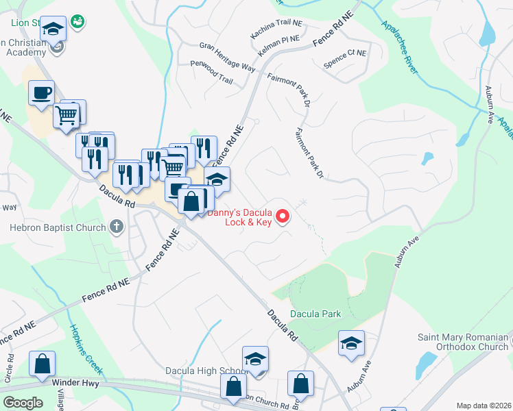 map of restaurants, bars, coffee shops, grocery stores, and more near 2558-2566 Fence Road Northeast in Dacula