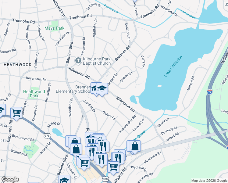 map of restaurants, bars, coffee shops, grocery stores, and more near 1308 Kathwood Drive in Columbia