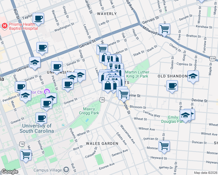 map of restaurants, bars, coffee shops, grocery stores, and more near Greene Street in Columbia