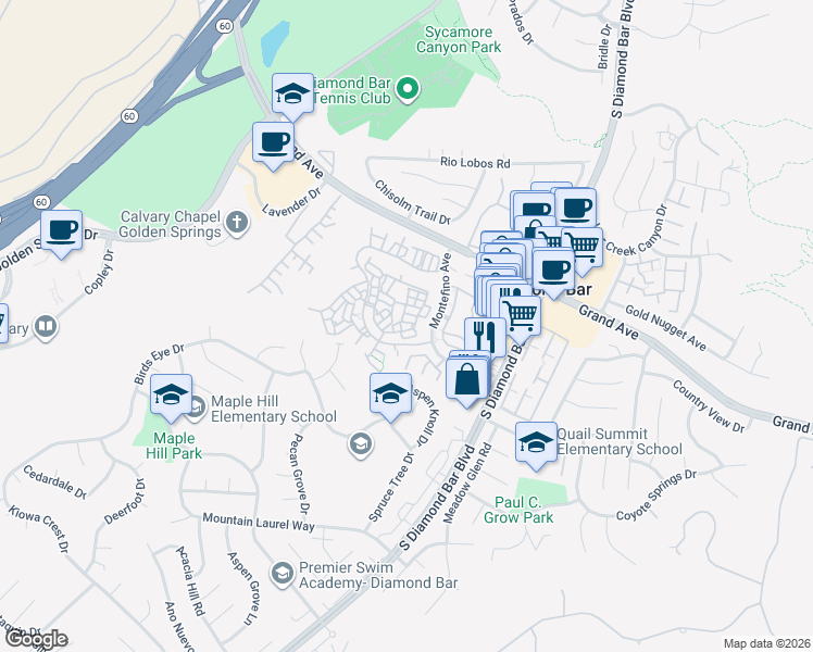 map of restaurants, bars, coffee shops, grocery stores, and more near 22931 Estoril Drive in Diamond Bar