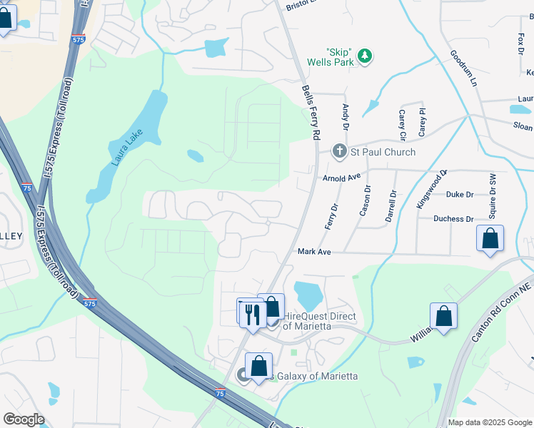 map of restaurants, bars, coffee shops, grocery stores, and more near 1955 Bells Ferry Road in Marietta