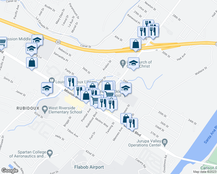 map of restaurants, bars, coffee shops, grocery stores, and more near 3587 Rubidoux Boulevard in Riverside