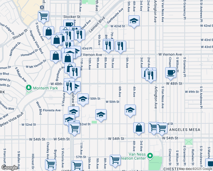 map of restaurants, bars, coffee shops, grocery stores, and more near 4715 8th Avenue in Los Angeles