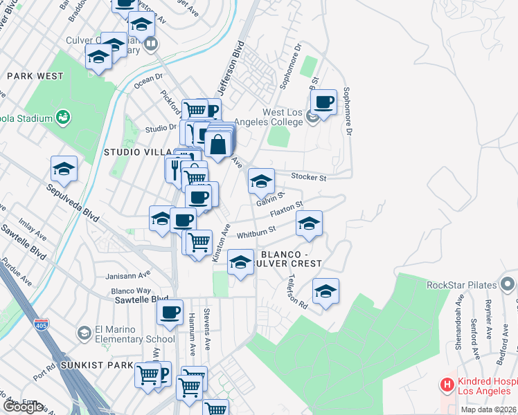 map of restaurants, bars, coffee shops, grocery stores, and more near 10790 Galvin Street in Culver City