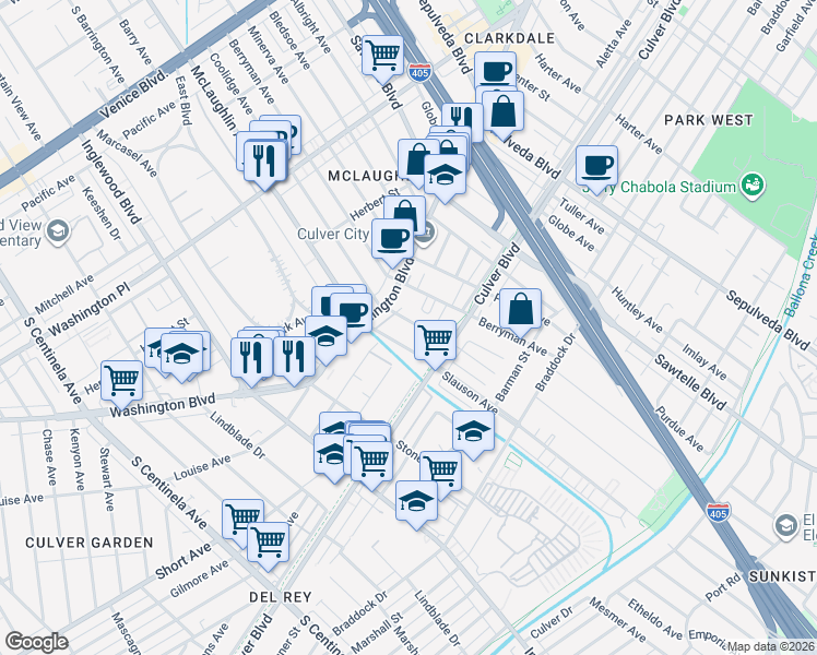 map of restaurants, bars, coffee shops, grocery stores, and more near 4320 Coolidge Avenue in Los Angeles