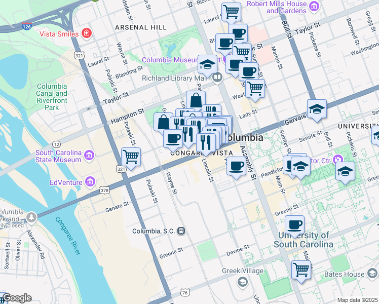 map of restaurants, bars, coffee shops, grocery stores, and more near 1221 Lincoln Street in Columbia