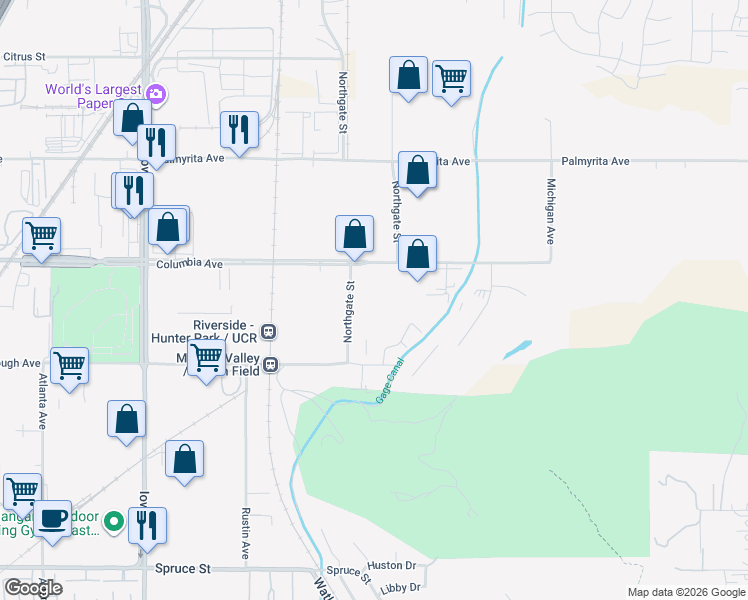 map of restaurants, bars, coffee shops, grocery stores, and more near 880 Columbia Avenue in Riverside