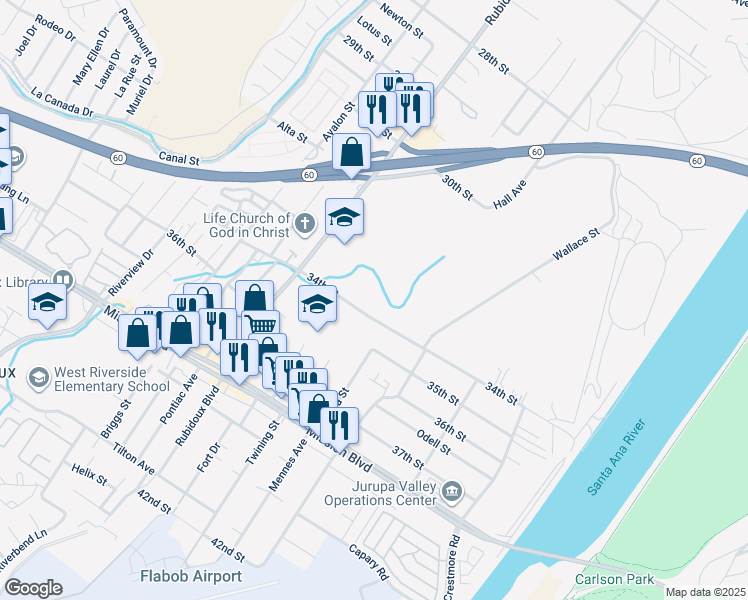 map of restaurants, bars, coffee shops, grocery stores, and more near 3266 Rubidoux Boulevard in Riverside