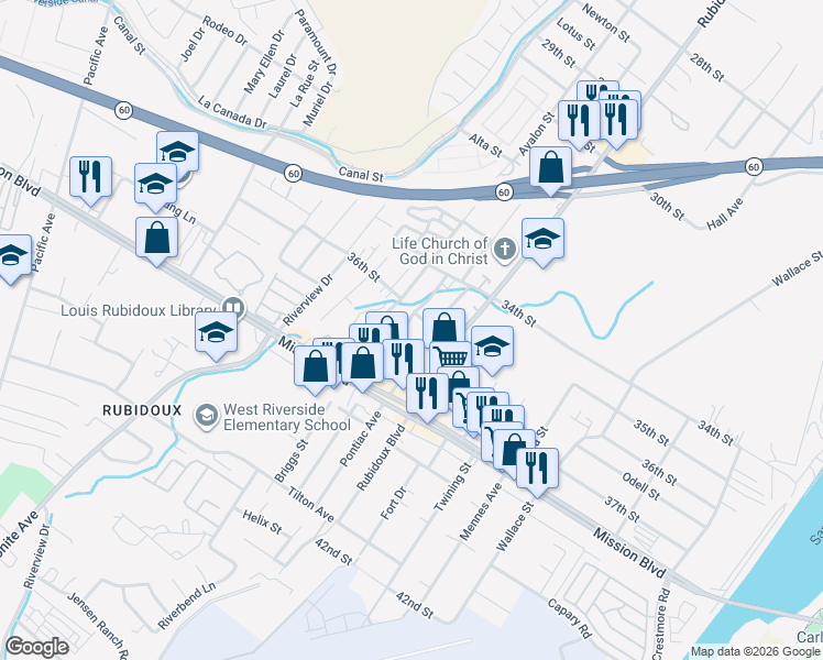 map of restaurants, bars, coffee shops, grocery stores, and more near 3560 Pioneer Drive in Riverside