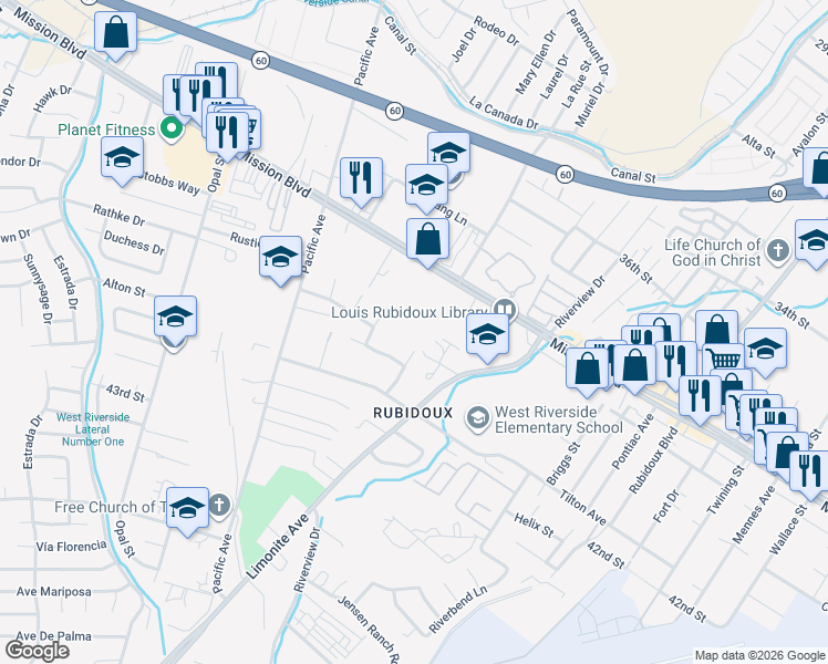 map of restaurants, bars, coffee shops, grocery stores, and more near 5920 Mission Boulevard in Riverside