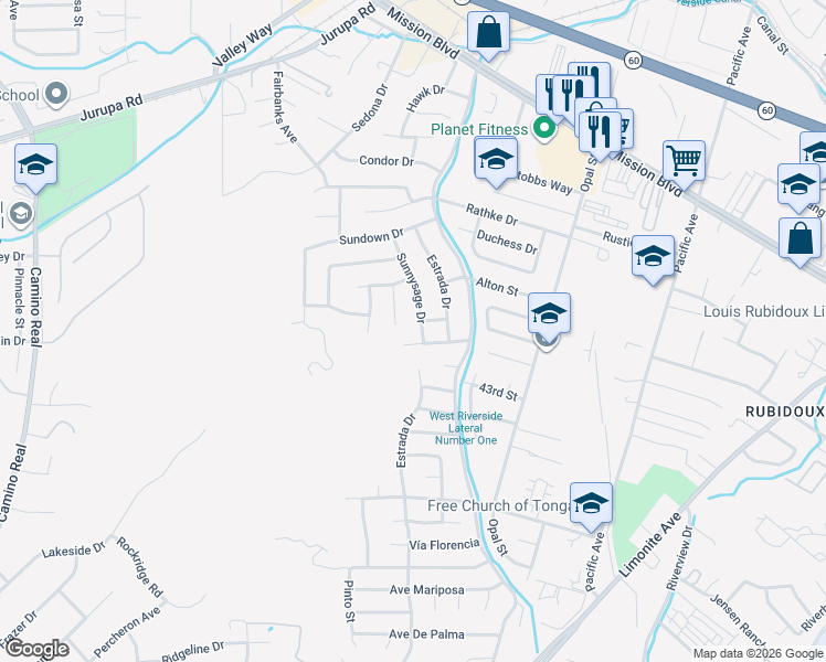 map of restaurants, bars, coffee shops, grocery stores, and more near 4183 Sunnysage Drive in Riverside