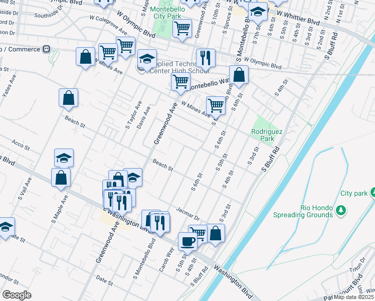 map of restaurants, bars, coffee shops, grocery stores, and more near 815 West Carmelita Avenue in Montebello