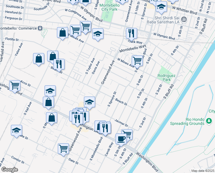 map of restaurants, bars, coffee shops, grocery stores, and more near 728 Greenwood Avenue in Montebello