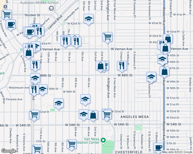 map of restaurants, bars, coffee shops, grocery stores, and more near 4714 3rd Avenue in Los Angeles
