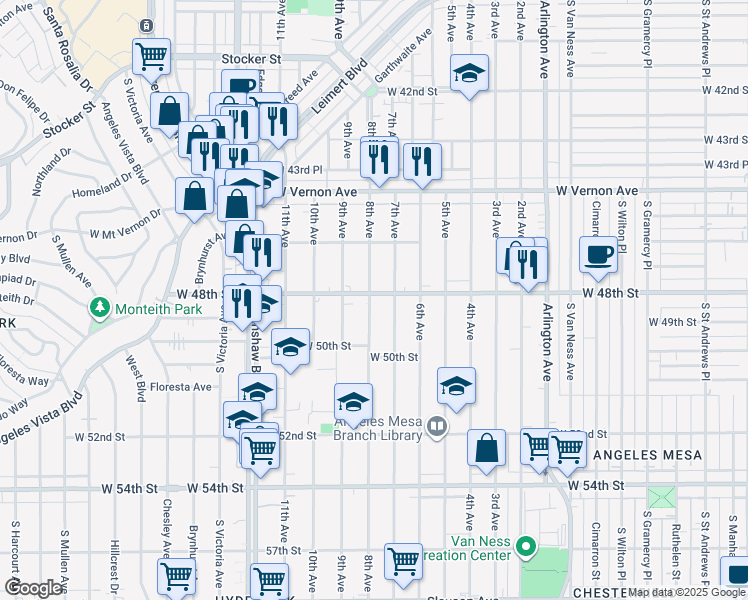 map of restaurants, bars, coffee shops, grocery stores, and more near 4715 8th Avenue in Los Angeles