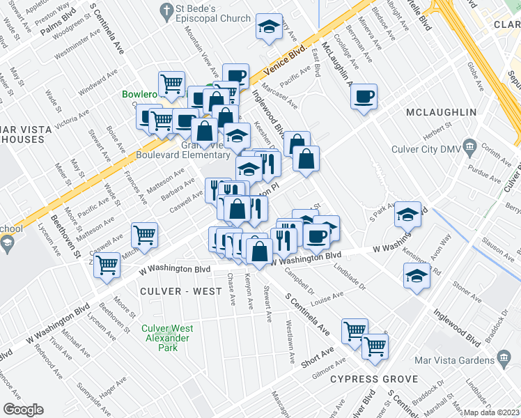map of restaurants, bars, coffee shops, grocery stores, and more near 4017 Grand View Boulevard in Los Angeles