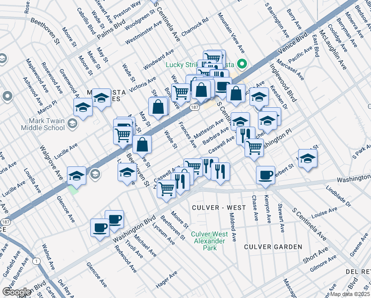 map of restaurants, bars, coffee shops, grocery stores, and more near 12547 Matteson Avenue in Los Angeles