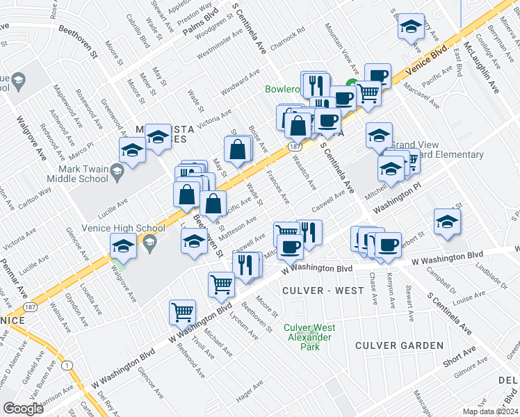 map of restaurants, bars, coffee shops, grocery stores, and more near 12634 Pacific Avenue in Los Angeles