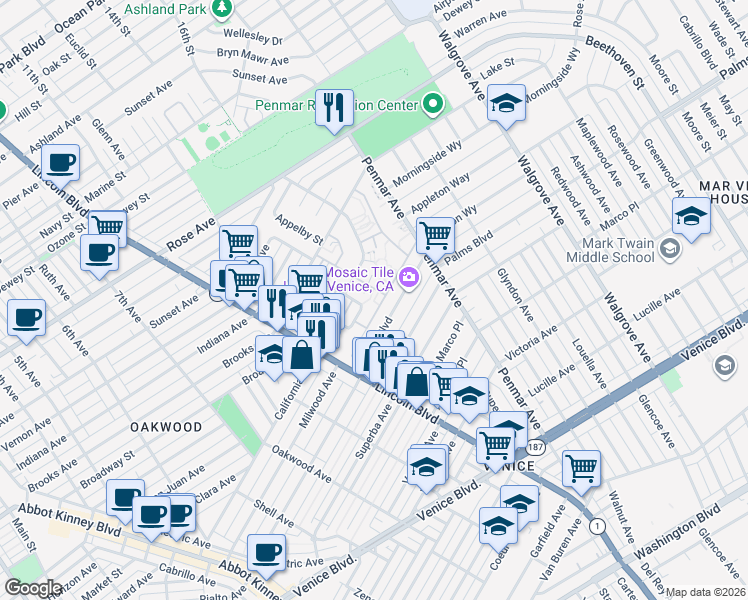 map of restaurants, bars, coffee shops, grocery stores, and more near 1425 Elkgrove Circle in Los Angeles