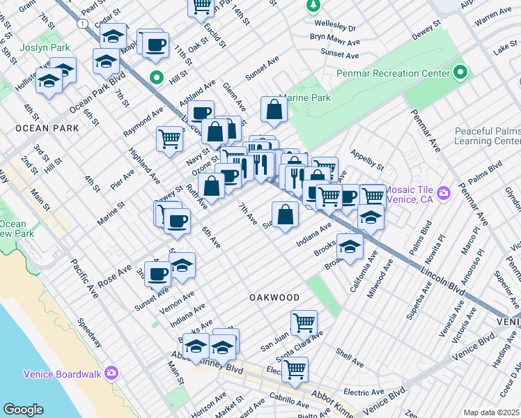 map of restaurants, bars, coffee shops, grocery stores, and more near 738 Rose Avenue in Los Angeles