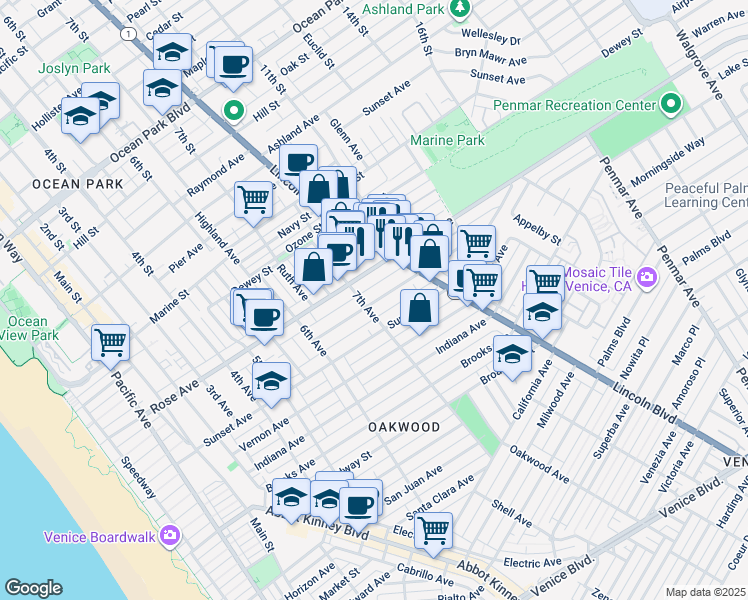 map of restaurants, bars, coffee shops, grocery stores, and more near 738 Rose Avenue in Los Angeles