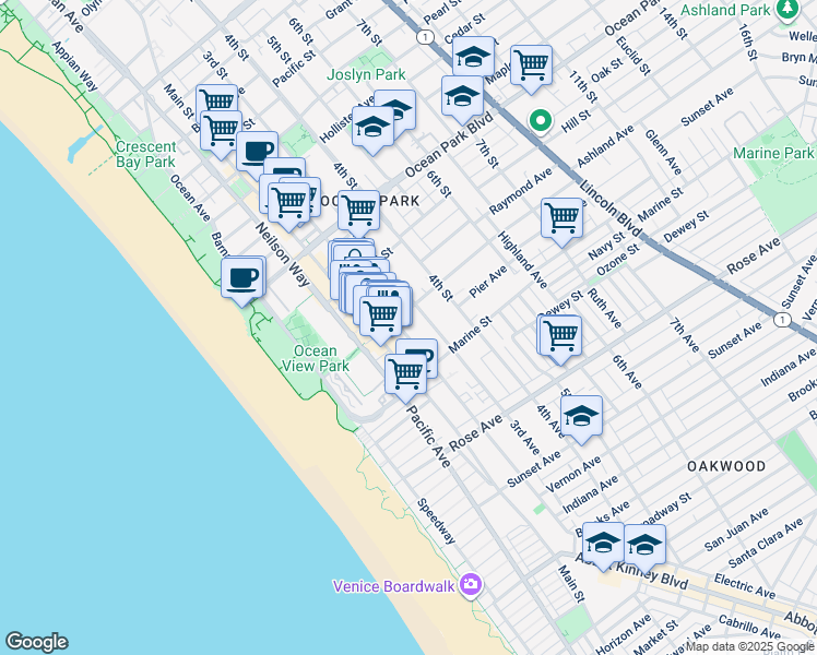 map of restaurants, bars, coffee shops, grocery stores, and more near 2823 2nd Street in Santa Monica