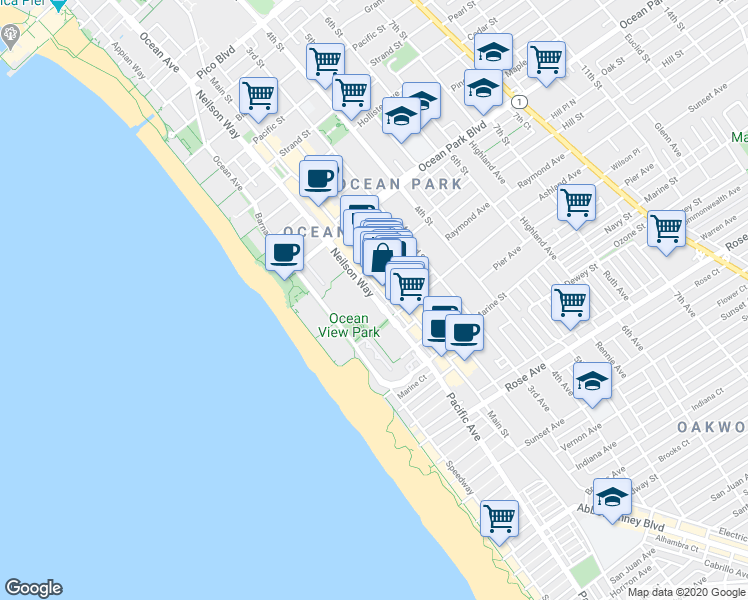 map of restaurants, bars, coffee shops, grocery stores, and more near 2727 Main Street in Santa Monica
