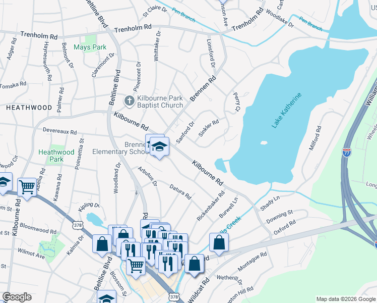 map of restaurants, bars, coffee shops, grocery stores, and more near 1308 Kathwood Drive in Columbia