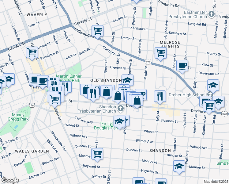 map of restaurants, bars, coffee shops, grocery stores, and more near 819 King Street in Columbia