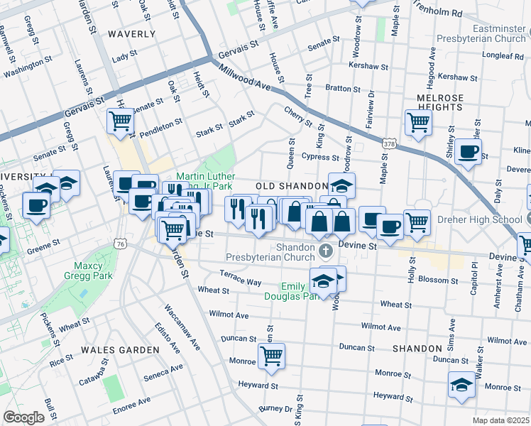 map of restaurants, bars, coffee shops, grocery stores, and more near 819 Meadow Street in Columbia